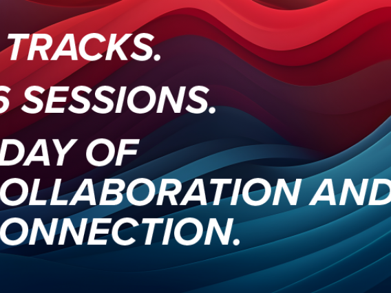 Data Summit Slogan that says: 4 Tracks. 16 Sessions. 1 Day of Collaboration and Connection. On a red and blue graphic